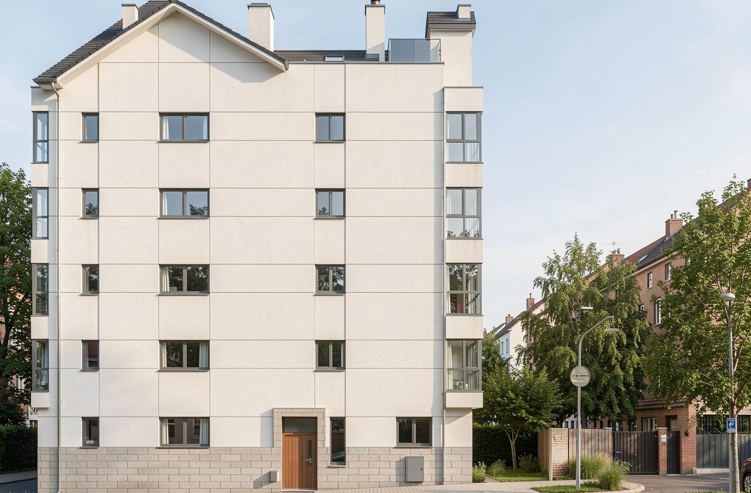 Fachada del edificio en tonos hueso con miradores acristalados
