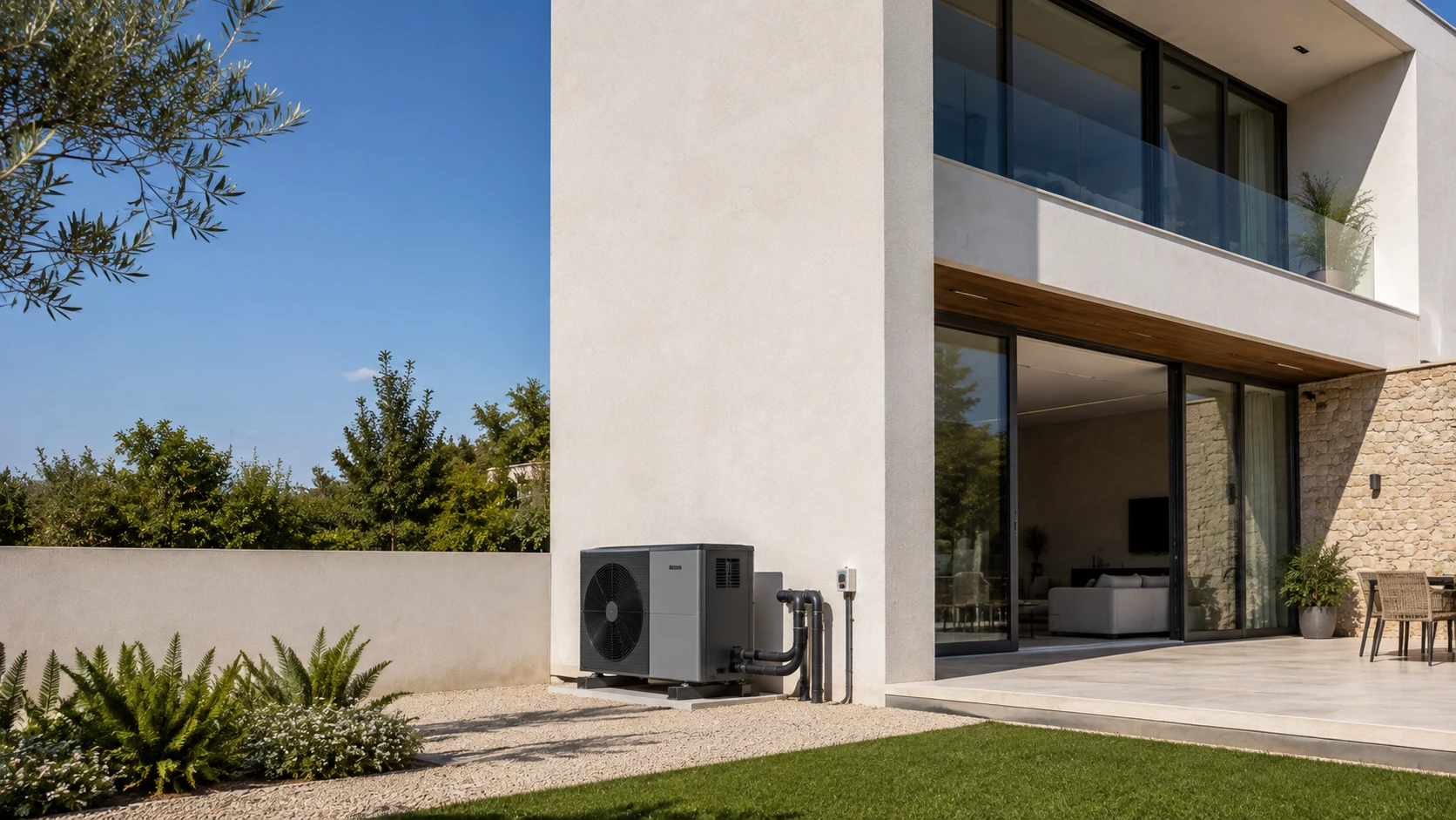 Unidad de aerotermia instalada en el exterior de una vivienda contemporánea
