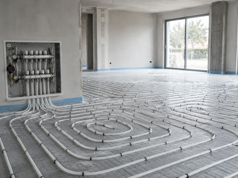 Circuito de suelo radiante replanteado en vivienda con su colector