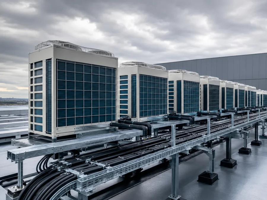 Unidades de climatización industrial alineadas en cubierta con bandejas de cableado