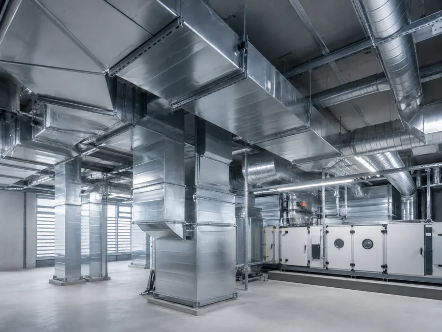 Conductos de ventilación rectangulares y climatizadores en sala técnica
